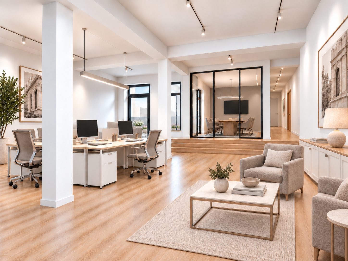 Helle Gewerbefläche mit Arbeitsplätzen, verglastem Besprechungsraum, Lounge-Ecke und Holzboden